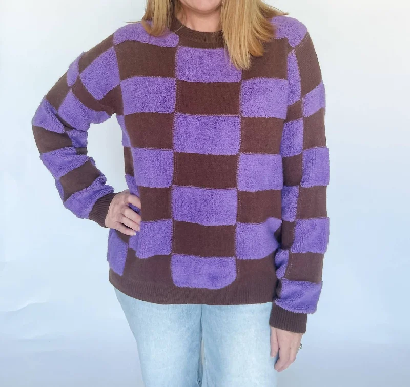 Women's Comfortable Lounge Garments Old Faithful Checker Sweater In Brown And Purple