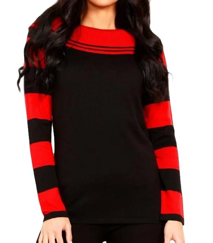 Women's Loungewear Clothes Stripe Cowl Neck Sweater In Black/red