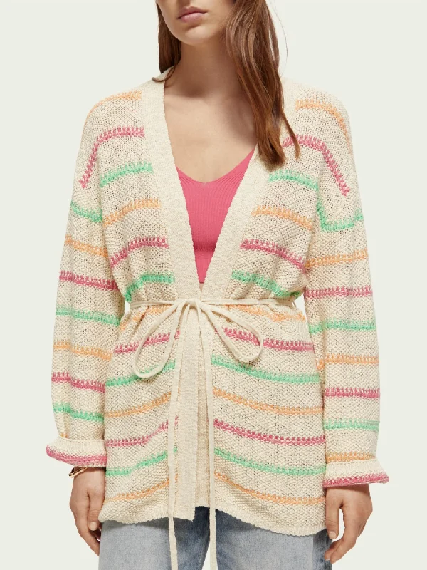 Women's Plus-Size Outfit Striped Belted Cardigan In Natural