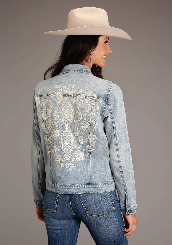 Comfortable Garments For Women Stetson Womens Back Floral Embroidery Blue Cotton Blend Cotton Jacket