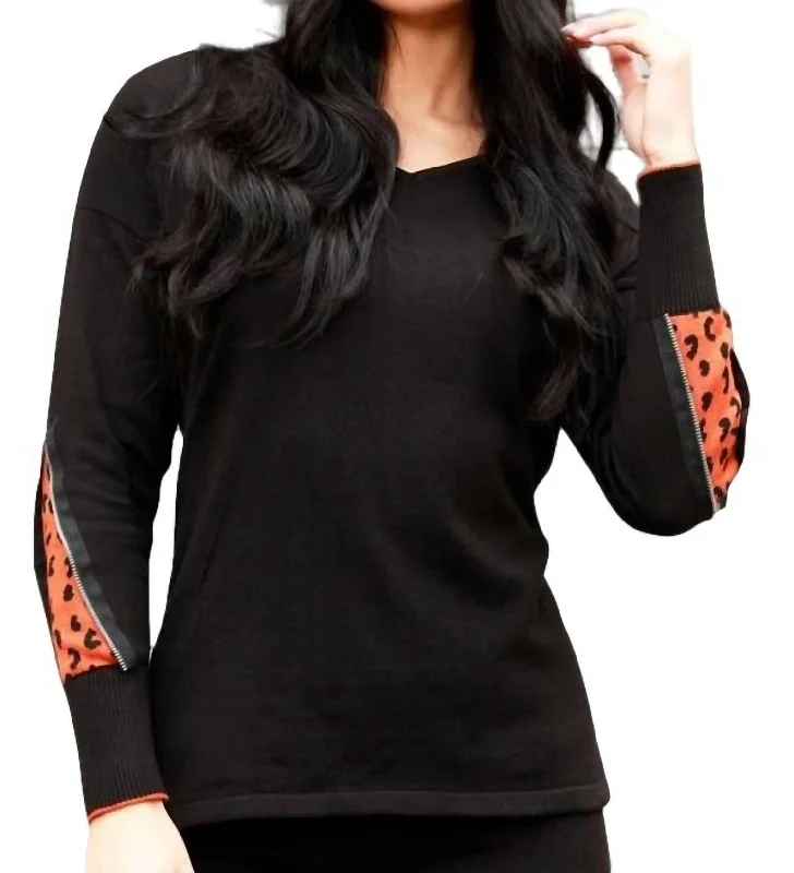 Women's Chic Outerwear Attire Cheetah V-Neck Sweater With Zip Sleeves In Black/rust