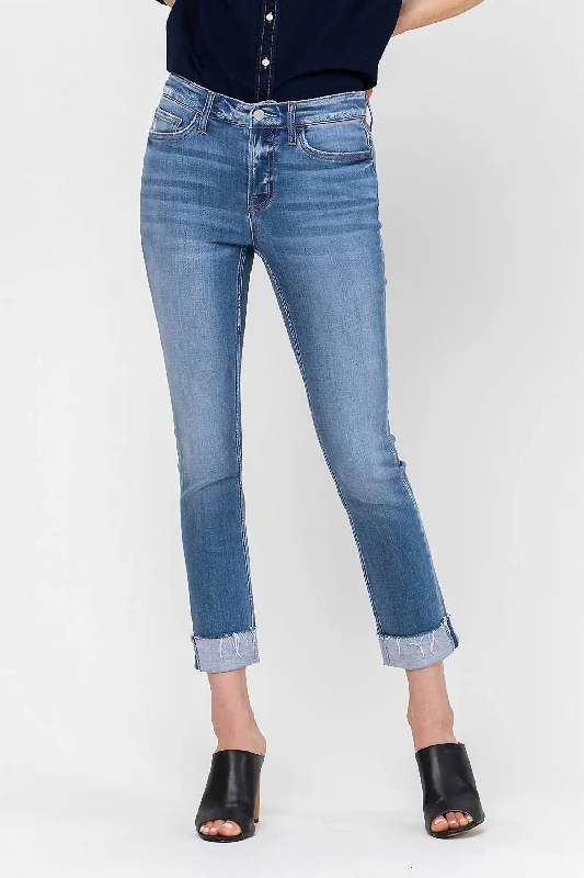 Shop Ladies Clothes Janet Mid Rise Cuffed Cropped Straight Jeans In Blue