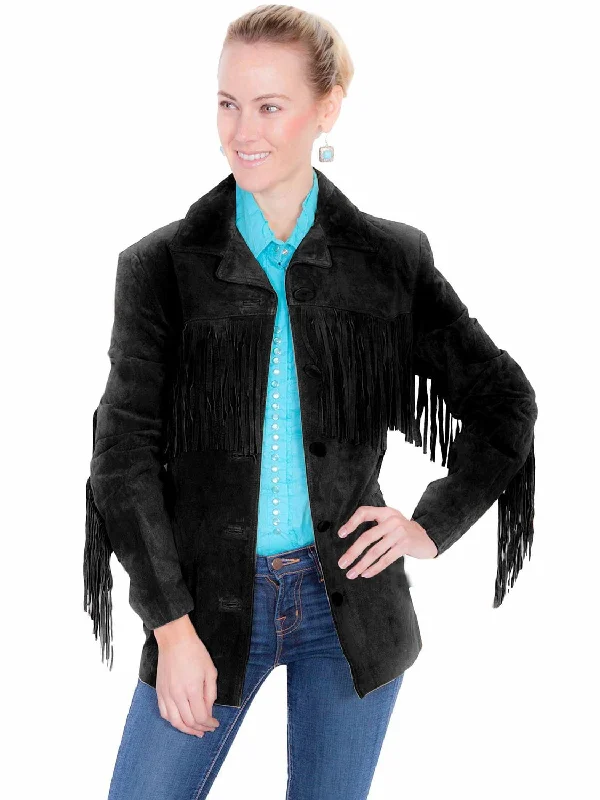 Women's Functional Outdoor Garments Scully Womens Notched Lapel Fringe Black Leather Leather Jacket