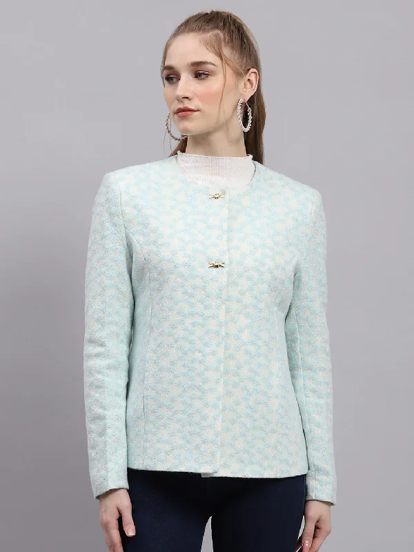 Elegant Women's Clothing Online Women Blue Embroidered Round Neck Full Sleeve Coat