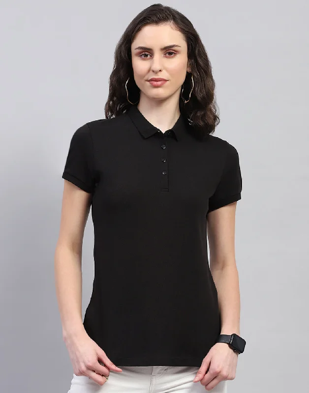 Charming Women's Holiday Apparel Women Black Solid Polo Collar Half Sleeve T Shirt