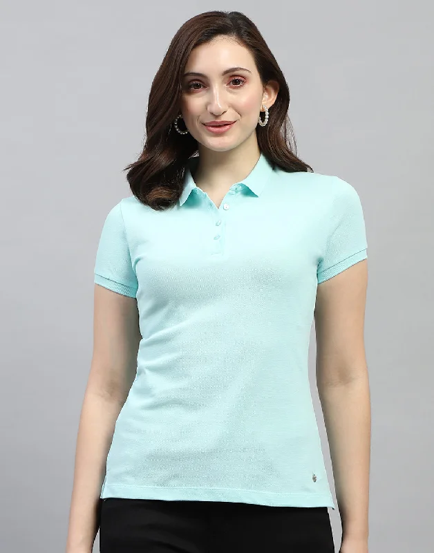 Timeless Women's Apparel Women Aqua Blue Solid Polo Collar Half Sleeve T Shirt