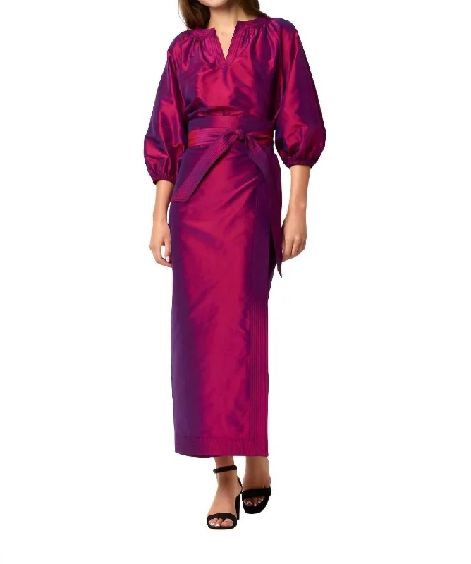 Elegant Women's Fashion Kira Maxi Wrap Skirt In Berry Iridescent Silk Shantung