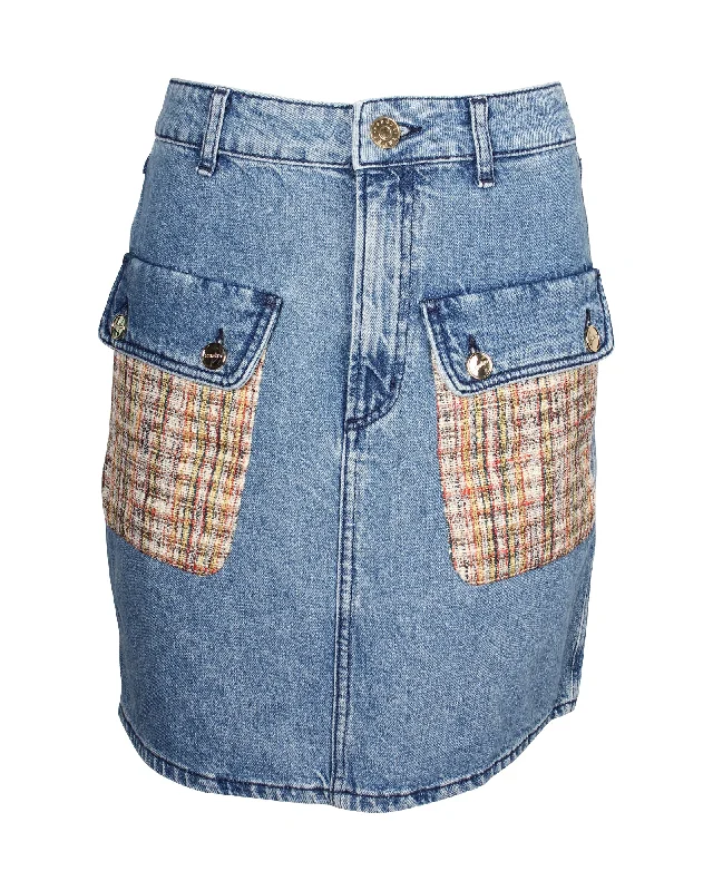 Modern Women's Wardrobe Essentials Sandro Paris Fiorina Tweed-Paneled Denim Skirt in Blue Cotton