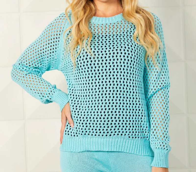 Women's Evening Wear Attire Crochet Crew Neck Sweater In Aqua