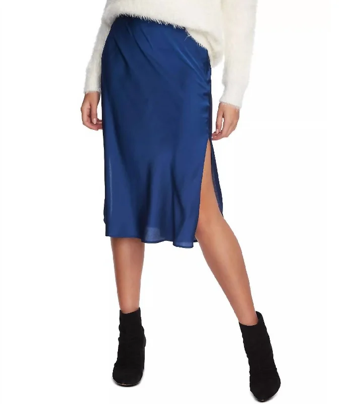 Women's Work Outfit Charmeuse Satin Midi Skirt In Blue