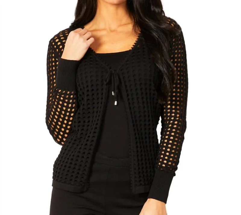 Elegant Women's Attire Crochet Tie Up Cardigan In Black