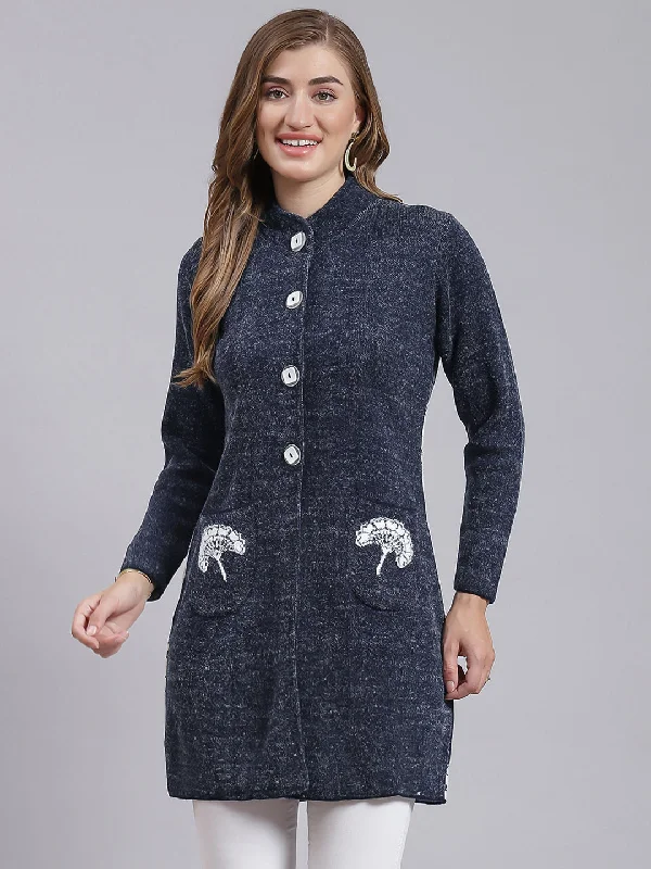 Women's Seasonal Fashion Trends Women Navy Blue Jaquard Wool blend Knitted Coat