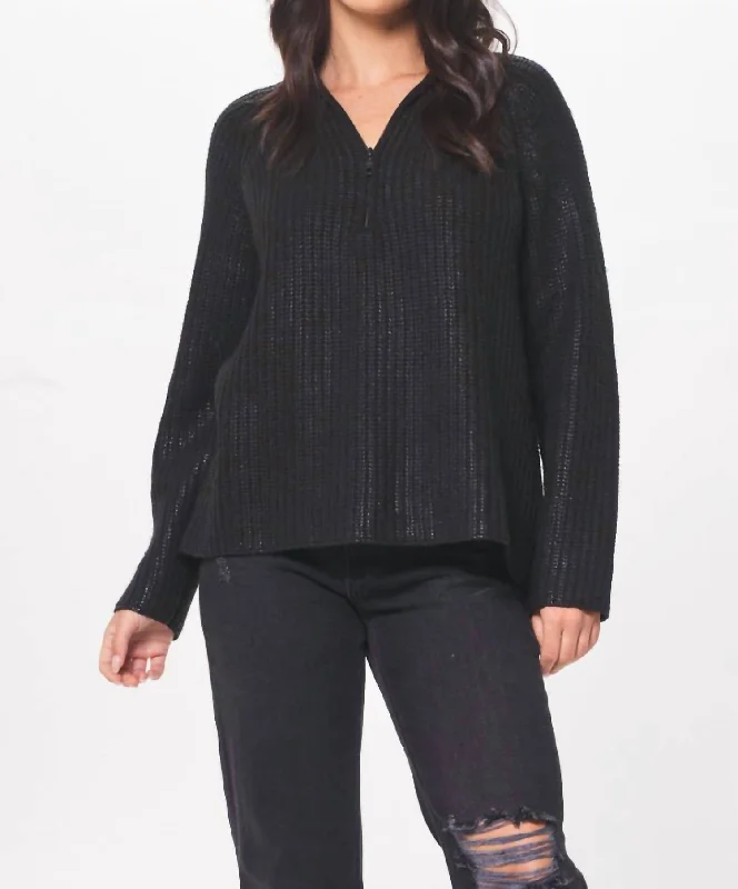 Unique Women's Fashion Pieces Coated Quarter Zip Sweater In Black