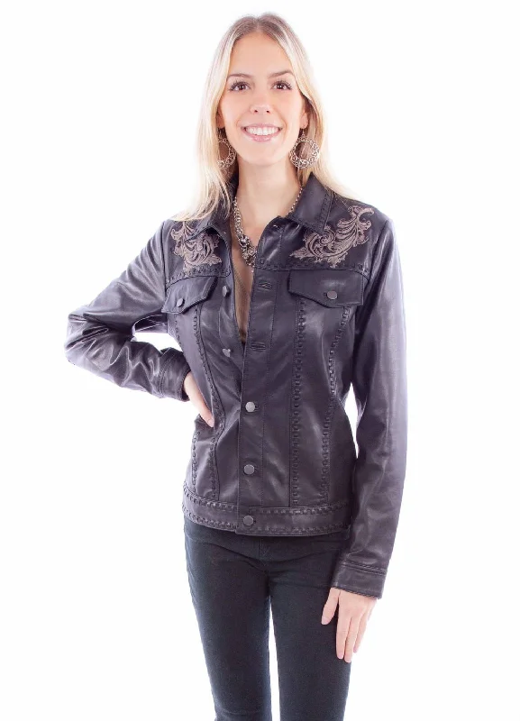 Women's Elegant Apparel Scully Womens Classic Scroll Embroidery Black Leather Leather Jacket