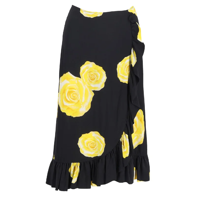 Women's Chic Outerwear Outfit Ganni Floral Printed Midi ruffled Skirt in Black Silk