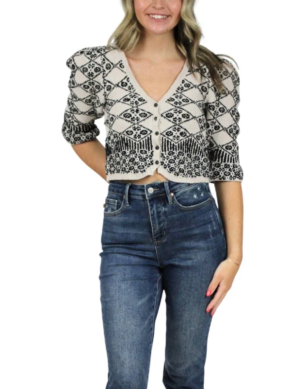 Elegant Women's Attire Geo Floral Cardigan In Black Crystal Combo