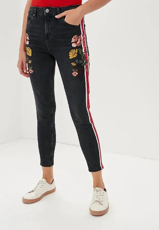 Shop Ladies Clothes Moto Stripe Floral Embroidery High Rise Skinny Jeans In Multicolor