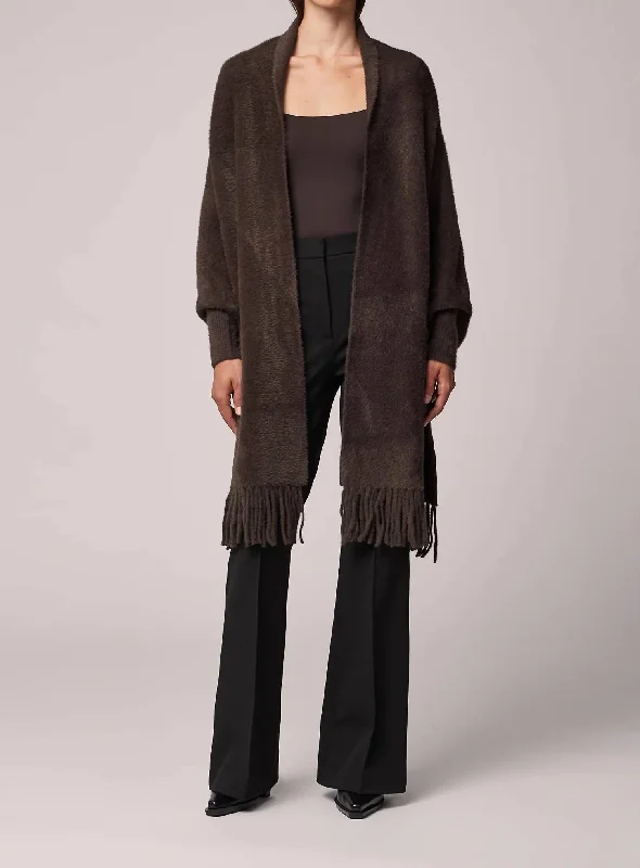 Women's Holiday Apparel Danela Knit Scarfigan With Fringe In Mushroom