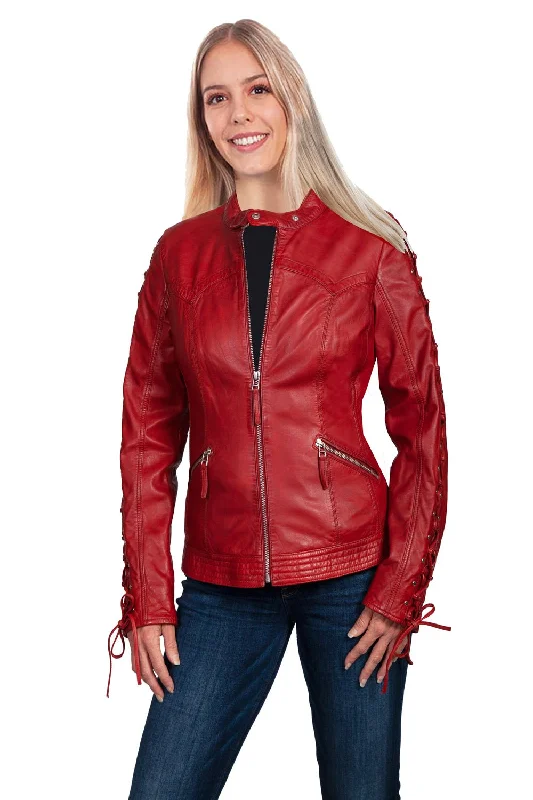 Stylish Loungewear for Women Scully Womens Red Lamb Leather Laced Sleeve Jacket