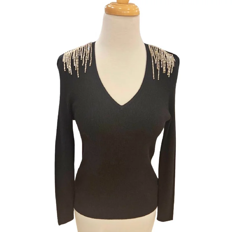 Women's Evening Garments Rhinestone Shoulder Sweater In Black