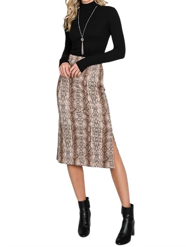 Women's Comfortable Lounge Outfit Python Print Midi Skirt In Mocha