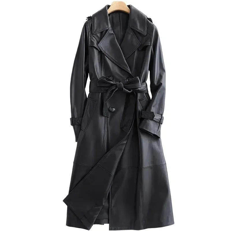 Chic Women's Clothing for Date Nights Black Lapel Leather Trench Coat for Women