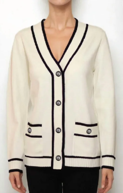 Women's Athletic Garments Myra Long Sleeve V-Neck Cardigan In Ivory/black