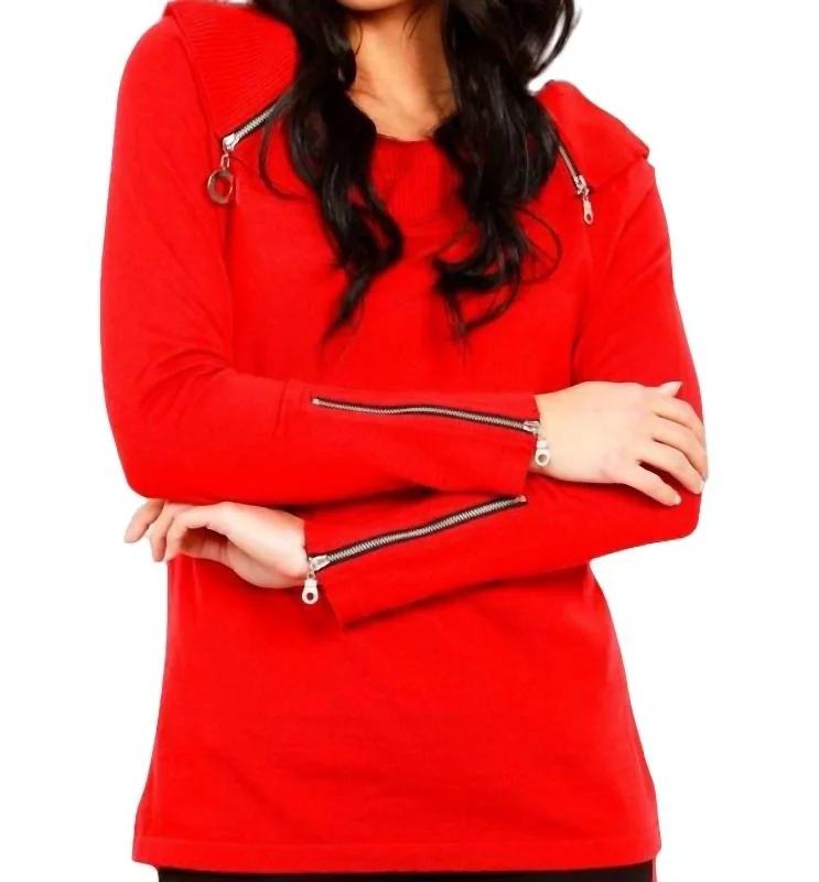 Women's High-Fashion Attire Zip Cowl Sweater In Red