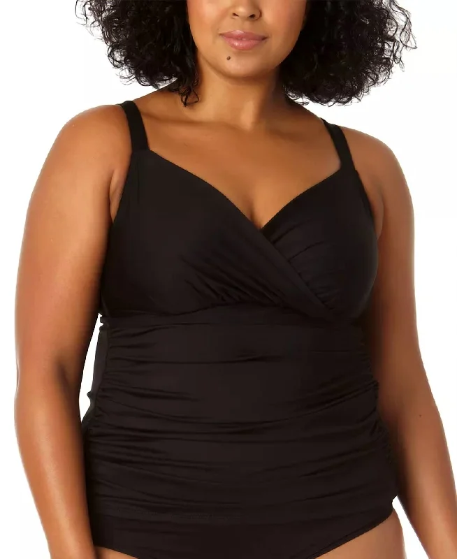 Women's Seasonal Clothing Surplice Neck Rushed Tankini Top In Black