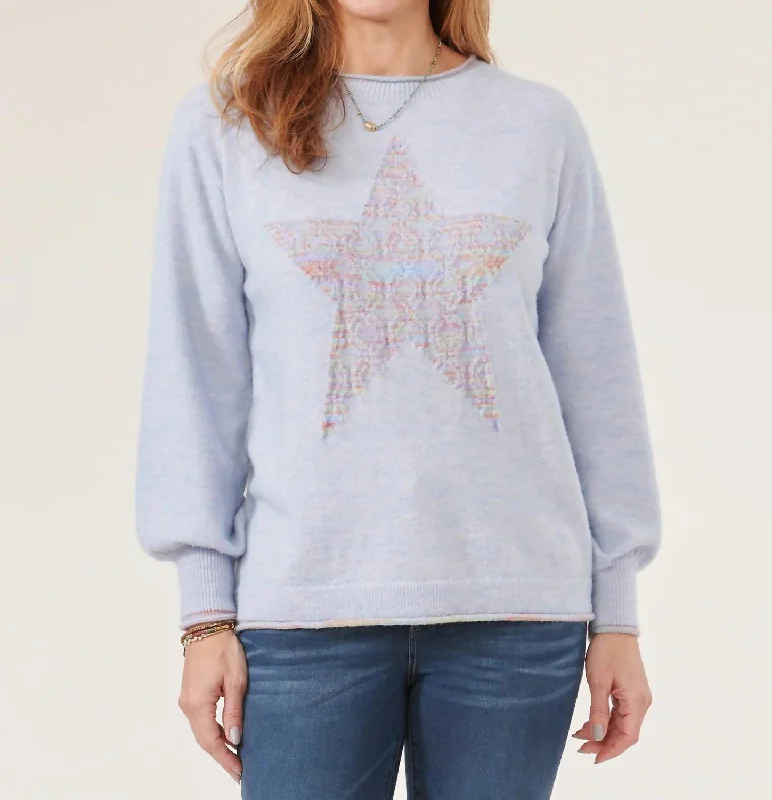 Fashionable Tops for Women High Round Neck Space Dye Star Sweater In Blue