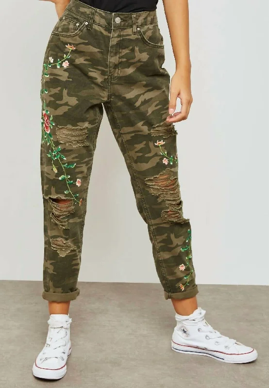 Clothing Sale High Rise Camo Print Floral Embroidery Ripped Mom Jeans In Multicolor