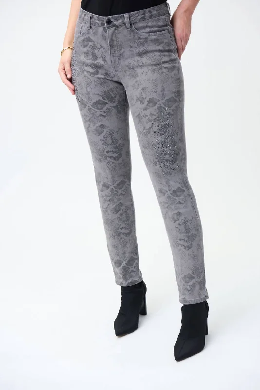 Trendy Women's Apparel Printed Embellished Jeans In Grey