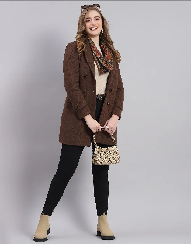 Comfortable Casual Women's Clothing Women Brown Solid Lapel Collar Full Sleeve Coat