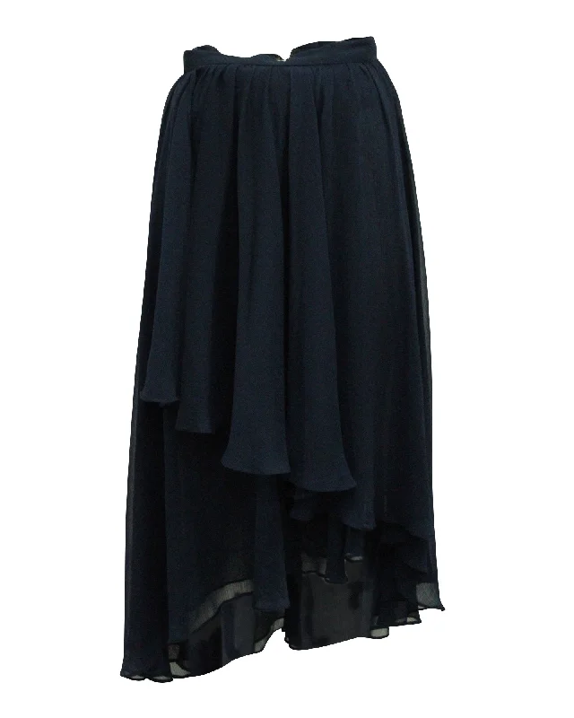 Stylish Everyday Clothing Alice + Olivia Layered Asymmetrical Maxi Skirt in Navy Blue Polyester