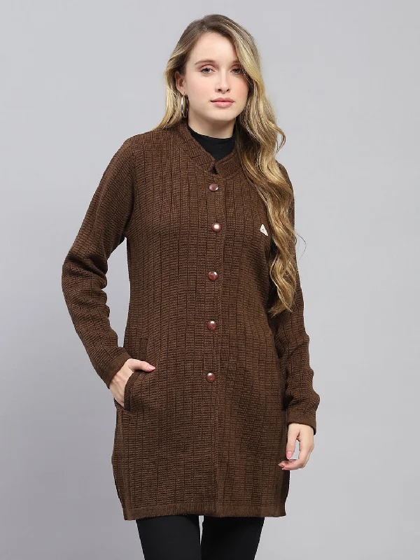 Casual Women's Clothing Online Women Brown Self Design Round Neck Full Sleeve Knitted Coat