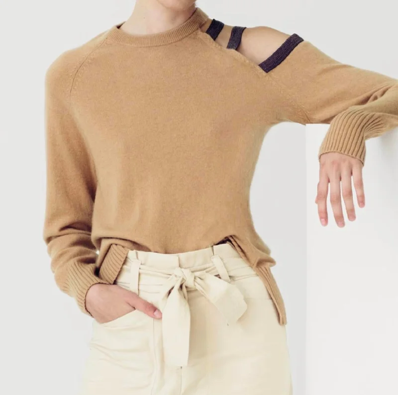 Women's Clothing Online Sale Open Shoulder Embellished Sweater In Camel