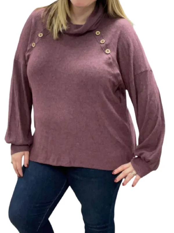 Women's Holiday Attire Cowlneck Faux Button Sweater In Plum