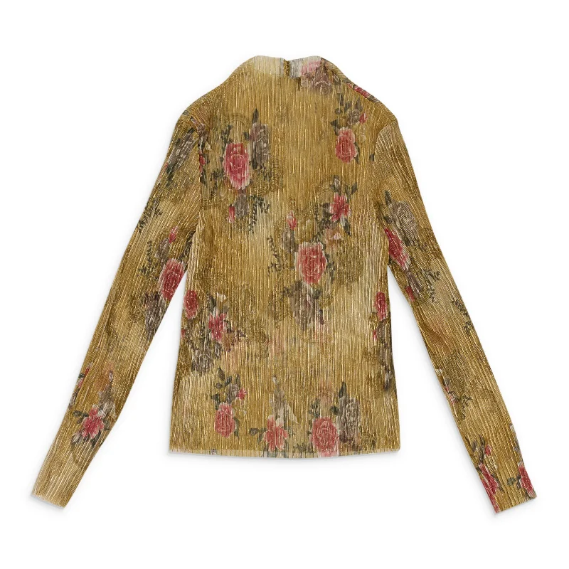 Women's Versatile Apparel CALLIPYGIAN FLORAL PLEATED TURTLENECK GOLD SWEATER