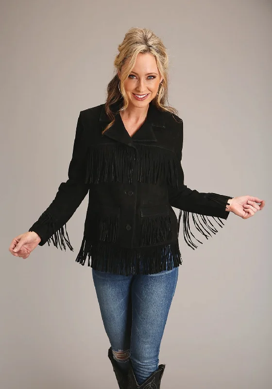 Contemporary Women's Clothing Stetson Womens Black Leather Lamb Fringe Jacket