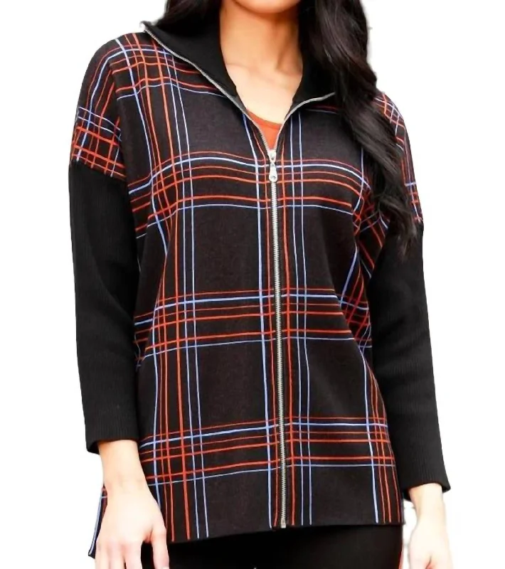 Comfortable Women's Clothes Zip Plaid Poncho In Black/multi