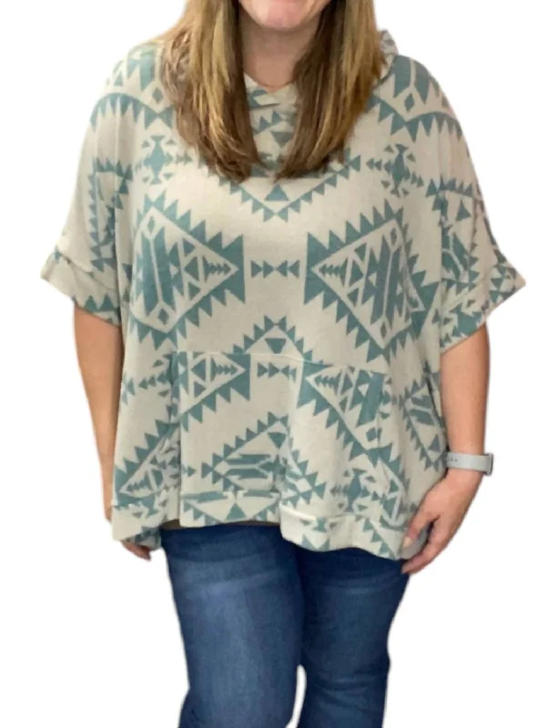 Women's Clothing Apparel Aztec Hoodie Poncho In Teal