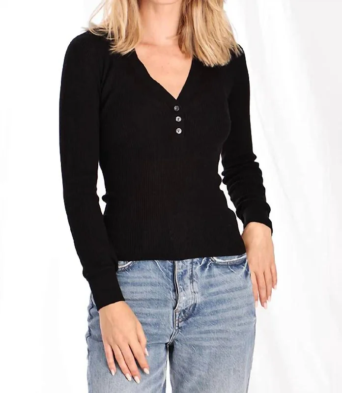 Casual Dresses for Women Fine Silk/cashmere Henley Long Sleeve Top In Black