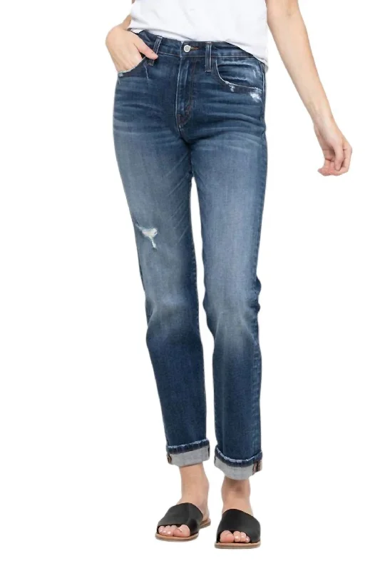 Women's Travel Garments Cuffed Stretch Boyfriend Jeans In Medium Wash