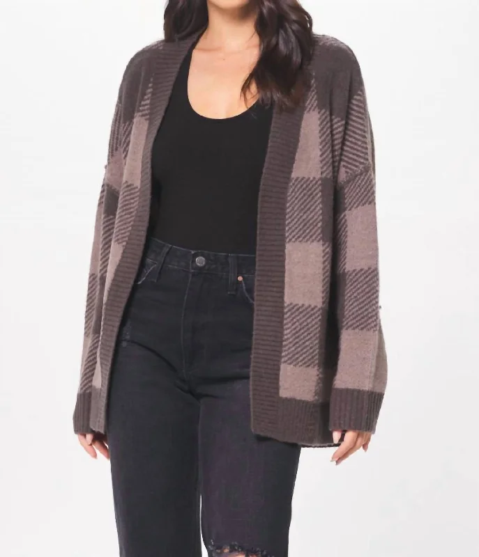 Women's Timeless Attire Plaid Checker Soft Knit Cardigan In Taupe