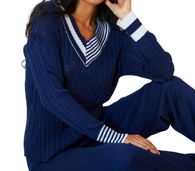 Women's Clothing Sale Online Braided V-Neck Sweater In Navy/white