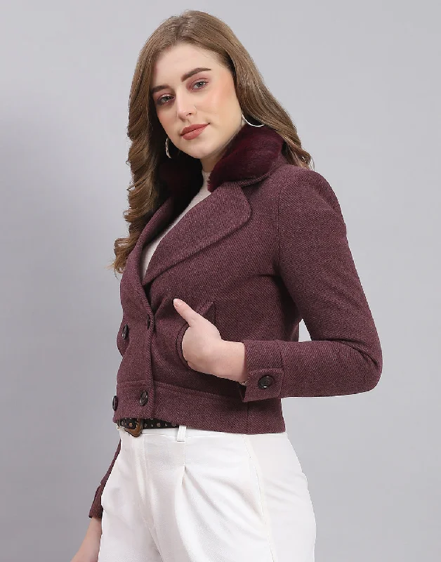 Designer Women's Fashion Online Women Maroon Solid Lapel Collar Full Sleeve Coat