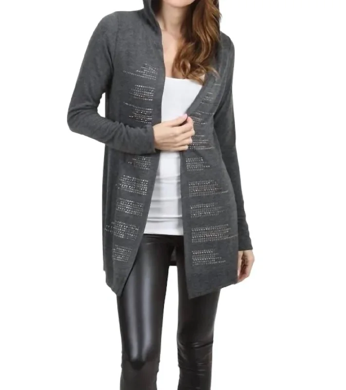 Women's Comfy Loungewear Outfit Hooded Cardigan With Stud Detail In Charcoal