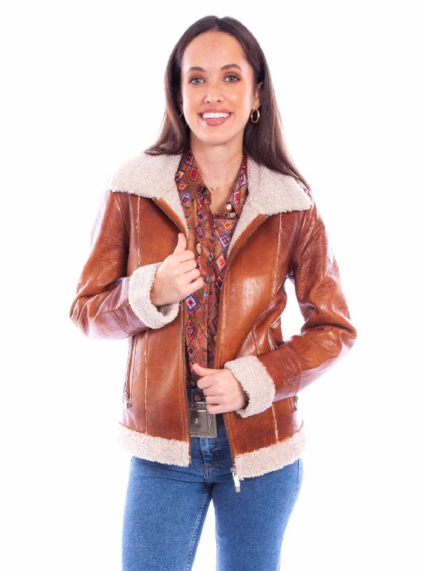 Comfortable Casual Wear Scully Womens Faux Fur Zip Front Cognac Leather Leather Jacket