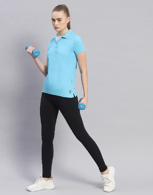 Women's Relaxed Clothes Women Blue Solid Polo Collar Half Sleeve T-Shirt