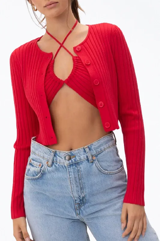 Trendy Boutiques Online Cropped Ribbed-Knit Cardigan In Red